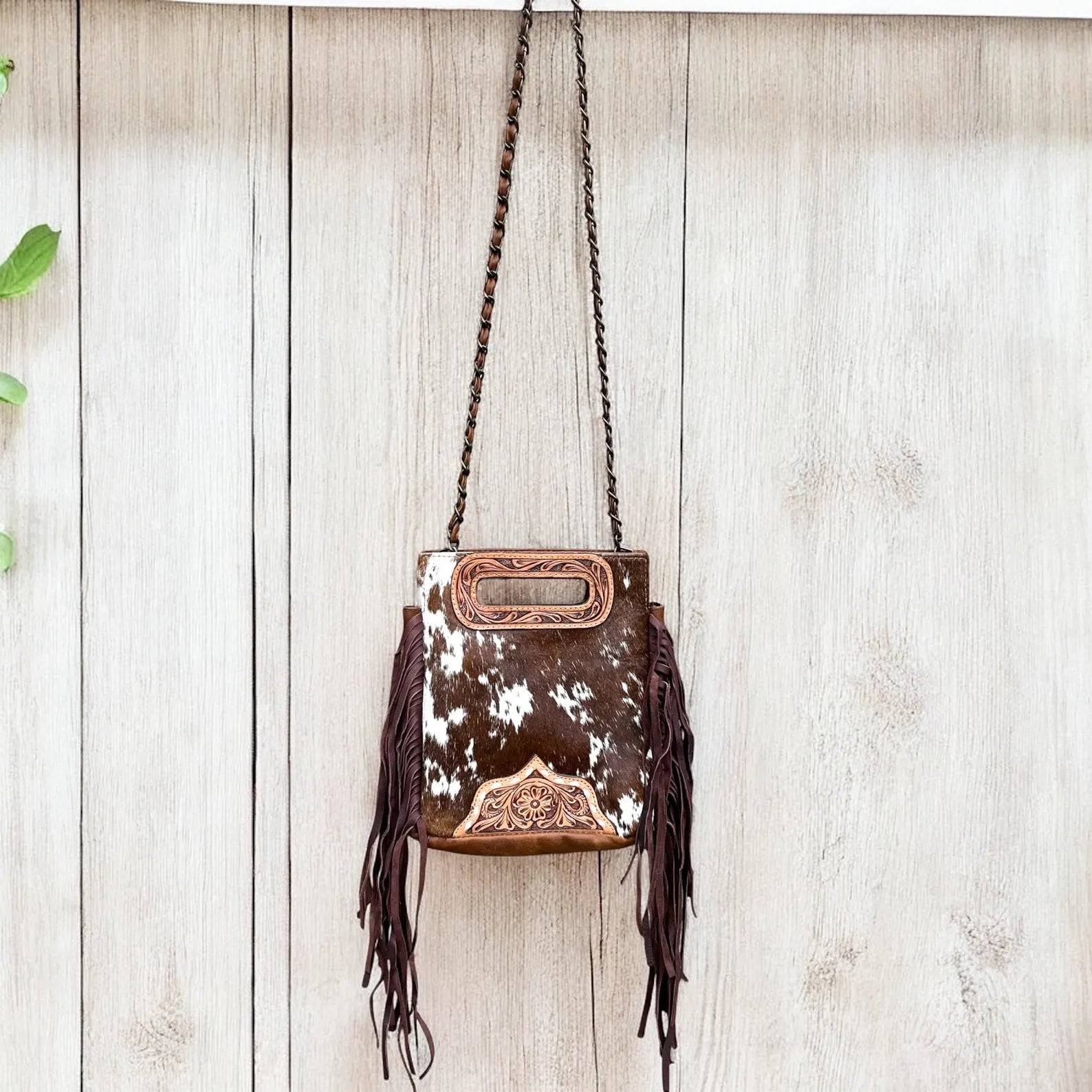 Cowgirl tooled leather Crossbody Handbag & Cowhide fringe Crossbody Purse