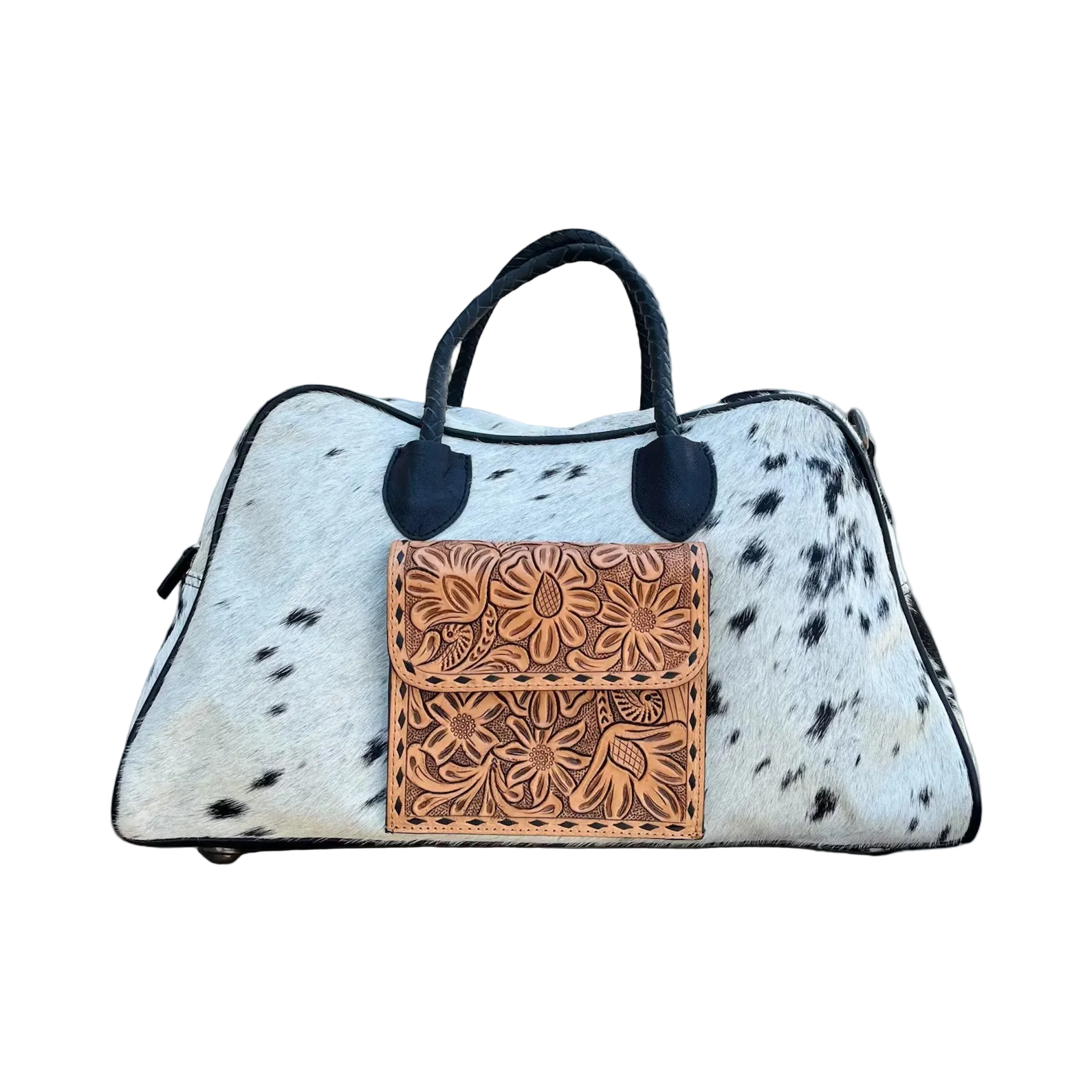 Western Cowhide Duffle Bag – Hand-Tooled Leather, Braided Handles & Rustic Elegance