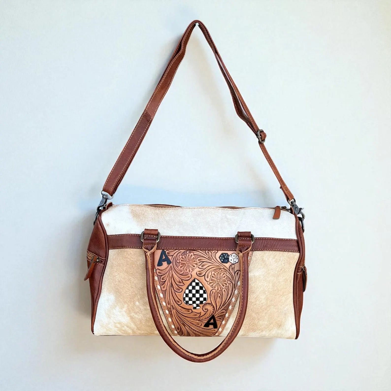 Western Aces Duffle  – Tooled Leather Cowhide Weekender Duffel with Spade & Dice Artwork