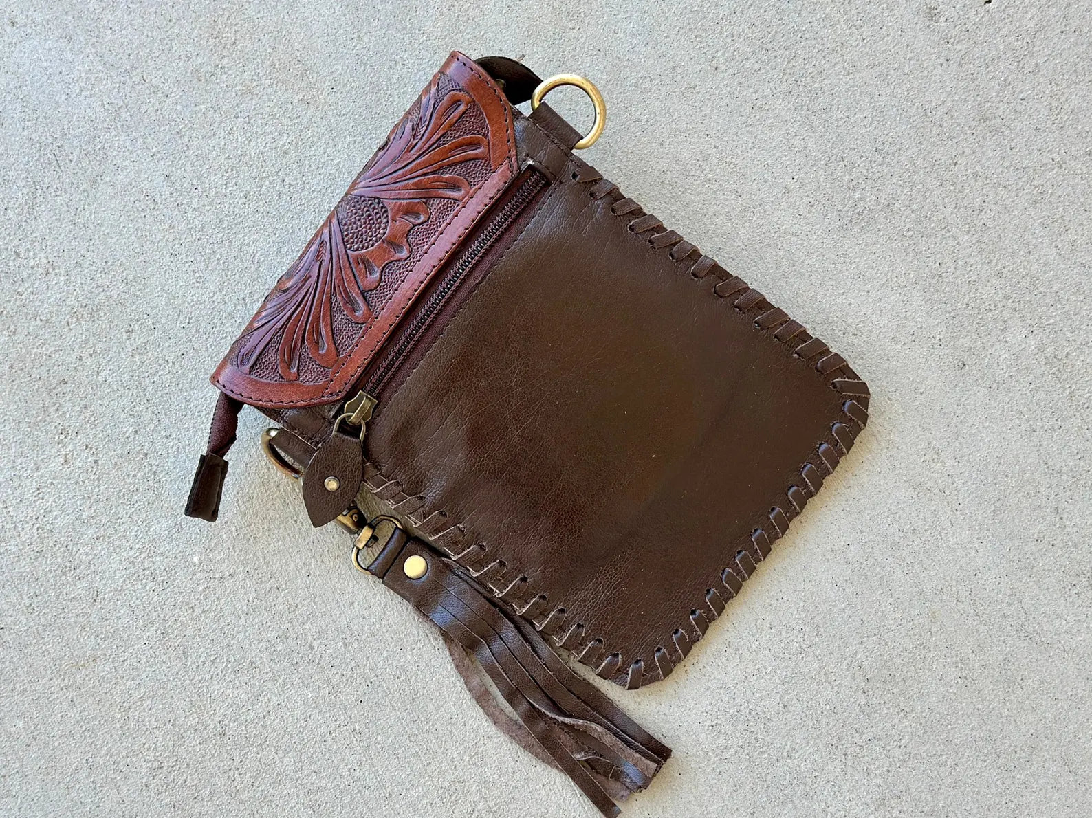 Cowhide Phone Crossbody Bag: Tooled Leather Flap, Western Rodeo Clutch purse