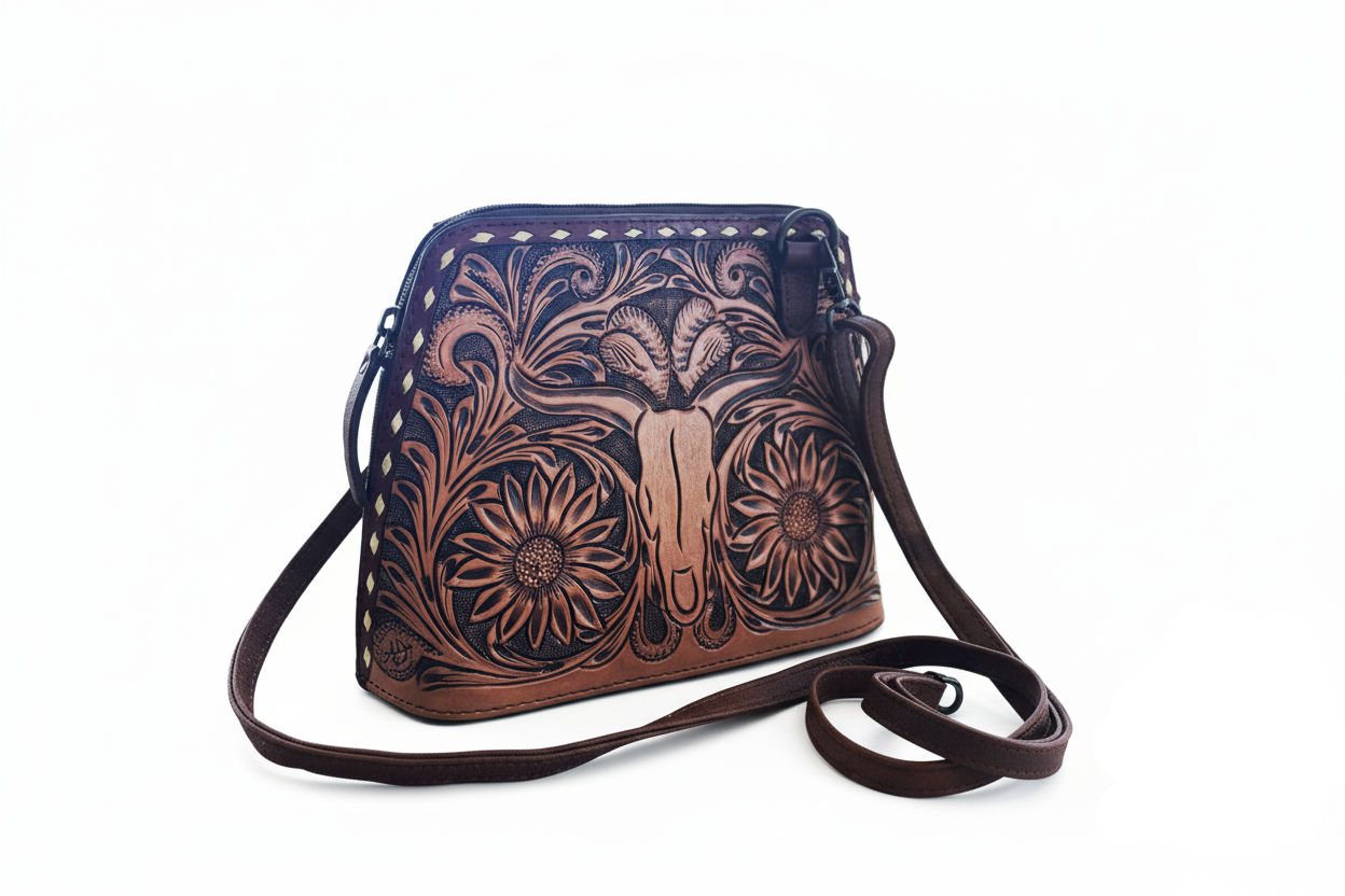 Handmade Western Leather Crossbody Purse – Full Grain Tote Bag, Hand Tooled Small Western Handbag