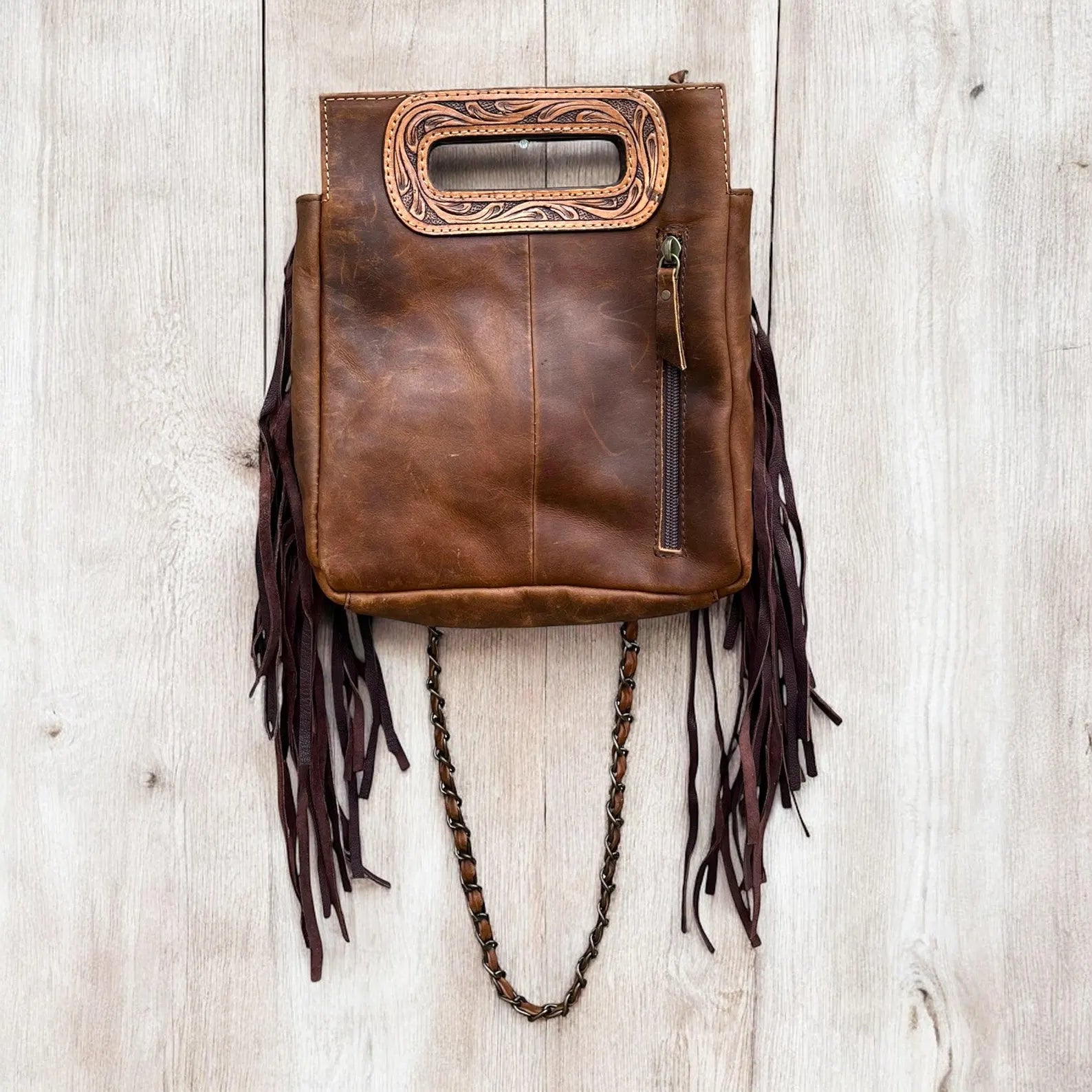 Cowgirl tooled leather Crossbody Handbag & Cowhide fringe Crossbody Purse