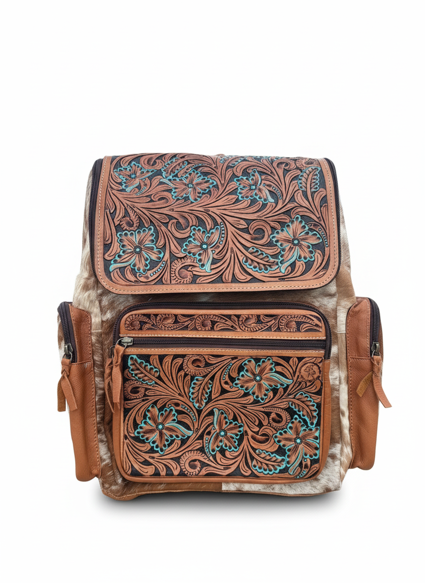 Brown leather bag with intricate designs tied to a wooden post against a cloudy sky.