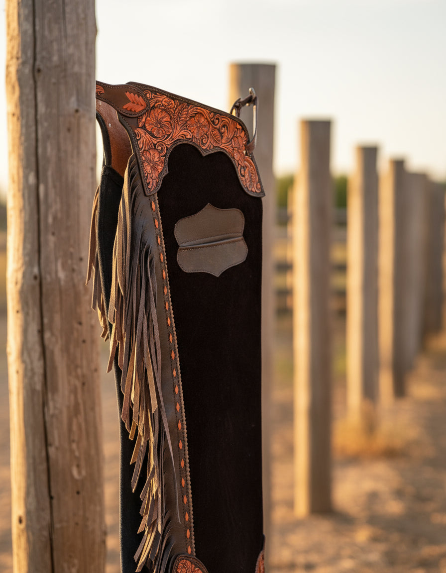 Show-Quality Western Chaps – Floral Yoke & Fringe on Suede