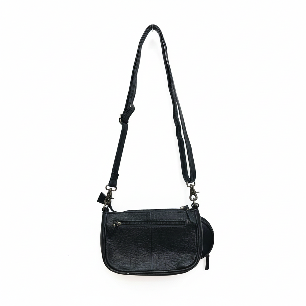 Black leather crossbody bag on a white background