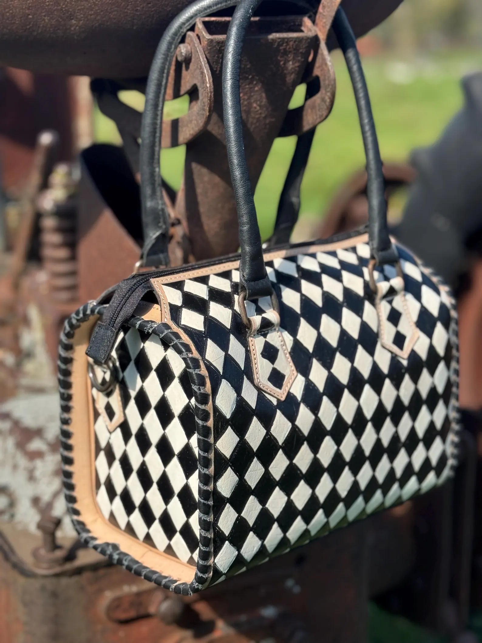 Black and White Checkered Genuine Western Cowhide Leather Purse