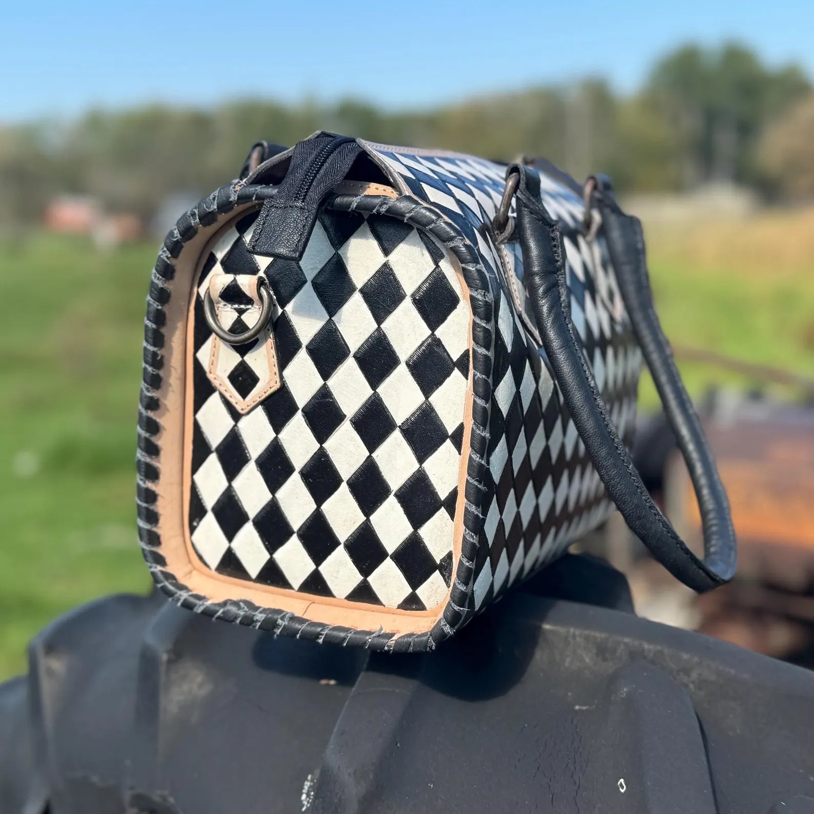 Black and White Checkered Genuine Western Cowhide Leather Purse