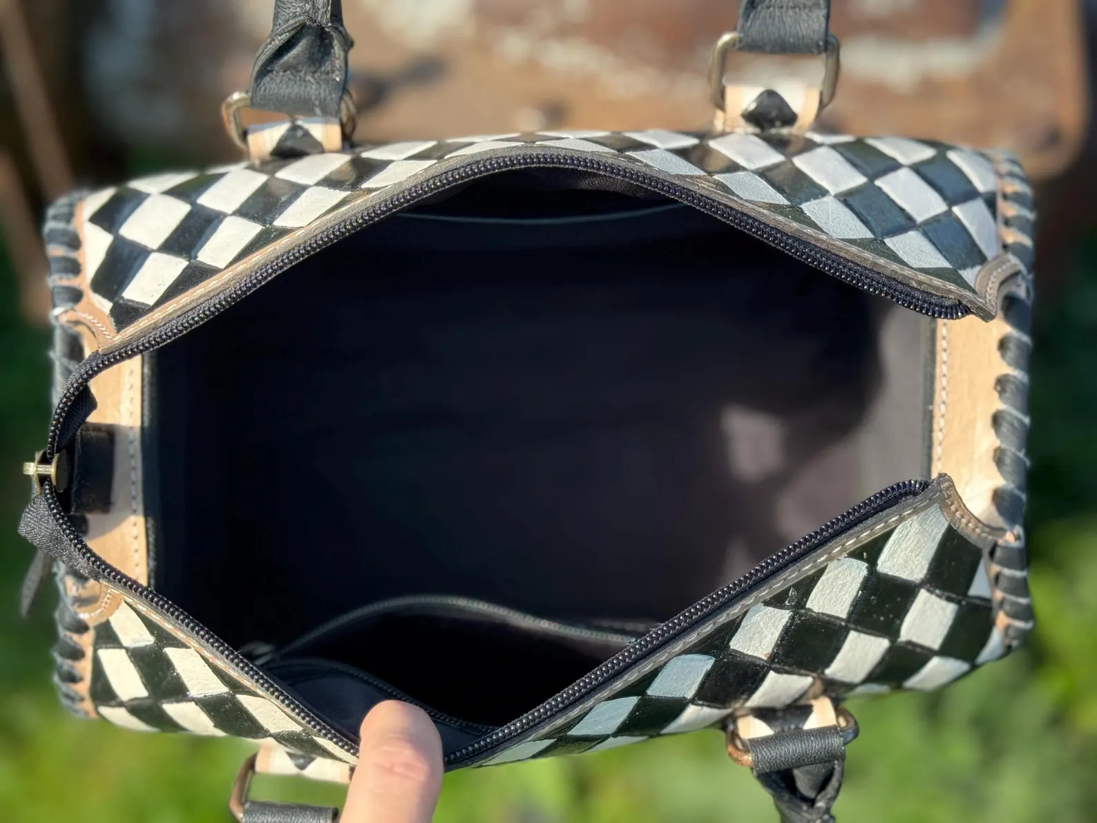 Black and White Checkered Genuine Western Cowhide Leather Purse